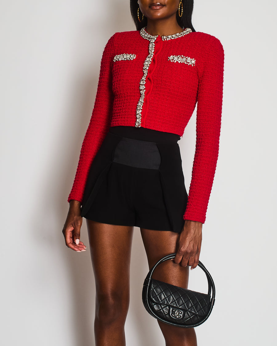 Self Portrait Crystal-Embellished Red Textured Waffle Knit Cardigan Size XS