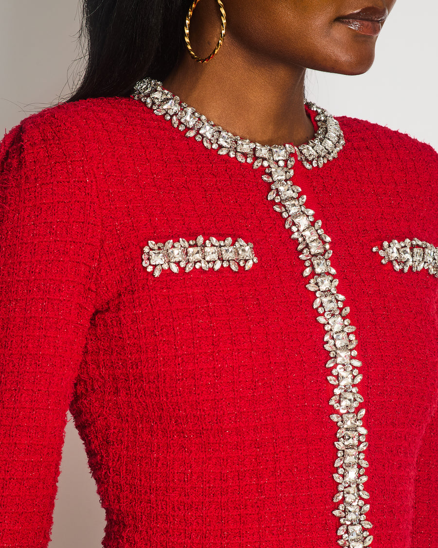 Self Portrait Crystal-Embellished Red Textured Waffle Knit Cardigan Size XS