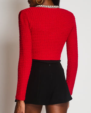 Self Portrait Crystal-Embellished Red Textured Waffle Knit Cardigan Size XS