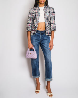 Chanel 07/S Blue, Pink, and White Tweed Jacket with Frayed Edges Size UK 6