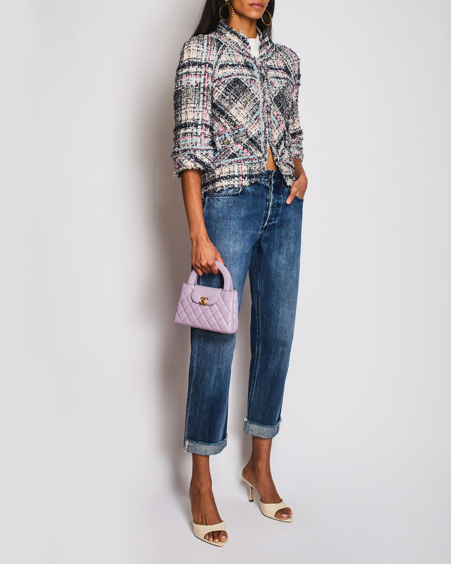 Chanel 07/S Blue, Pink, and White Tweed Jacket with Frayed Edges Size UK 6