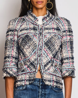 Chanel 07/S Blue, Pink, and White Tweed Jacket with Frayed Edges Size UK 6