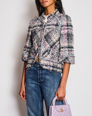 Chanel 07/S Blue, Pink, and White Tweed Jacket with Frayed Edges Size UK 6