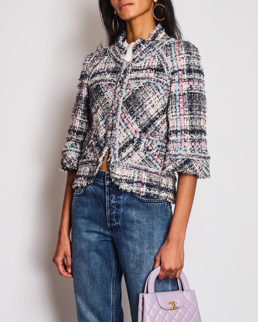 Chanel 07/S Blue, Pink, and White Tweed Jacket with Frayed Edges Size UK 6