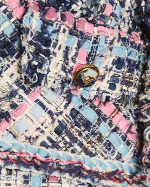 Chanel 07/S Blue, Pink, and White Tweed Jacket with Frayed Edges Size UK 6
