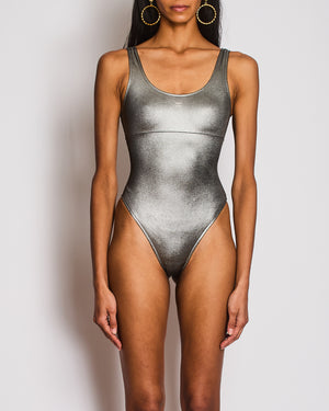 Chanel Silver Metallic One-Piece Swimsuit with Diamante CC Detail Size FR 34 (UK 6)