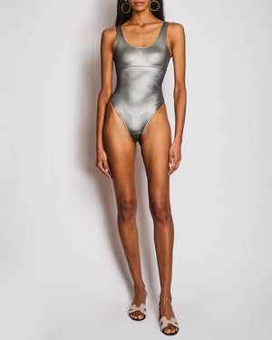 Chanel Silver Metallic One-Piece Swimsuit with Diamante CC Detail Size FR 34 (UK 6)