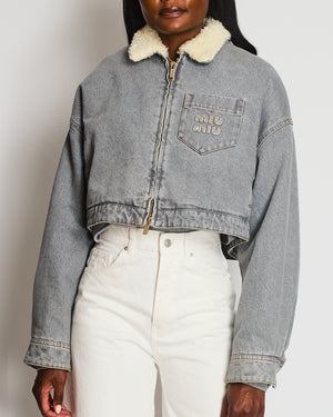 Miu Miu Grey Cropped Jacket with Logo Detail Size IT 40 (UK 8)