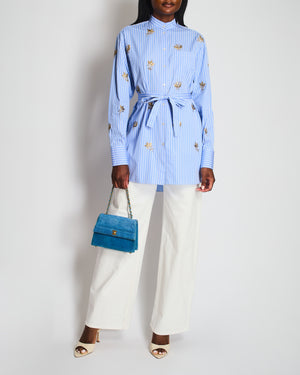 Valentino Blue Striped Oversized Shirt With Gold Floral Embroideries and Tie Neckline Details Size IT 42 (UK 10)