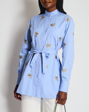 Valentino Blue Striped Oversized Shirt With Gold Floral Embroideries and Tie Neckline Details Size IT 42 (UK 10)