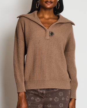 Brunello Cucinelli Brown Ribbed Long Sleeve Jumper with Embellished Button Detail Size S (UK 8)
