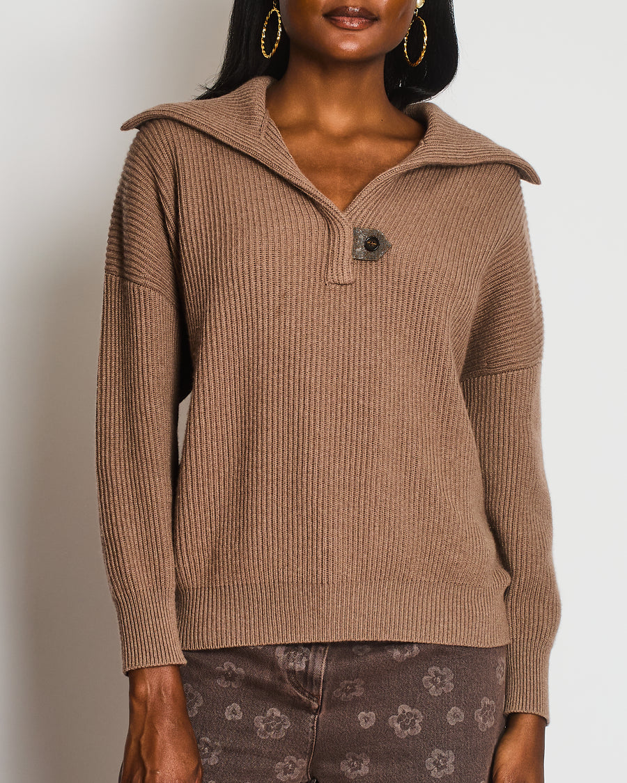 Brunello Cucinelli Brown Ribbed Long Sleeve Jumper with Embellished Button Detail Size S (UK 8)