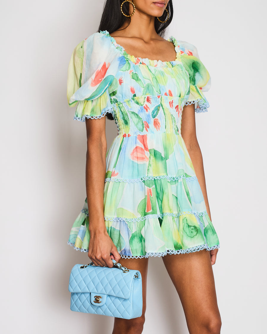 Charo Ruiz Blue Watercolour Print Mid-Sleeve Mini Dress Size S (UK 8)