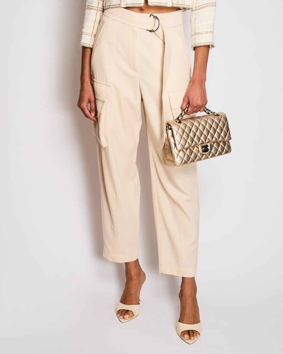 Brunello Cucinelli Cream Wool Belted Cargo Trousers with Silver Buckle Detail Size IT 38 (UK 6)