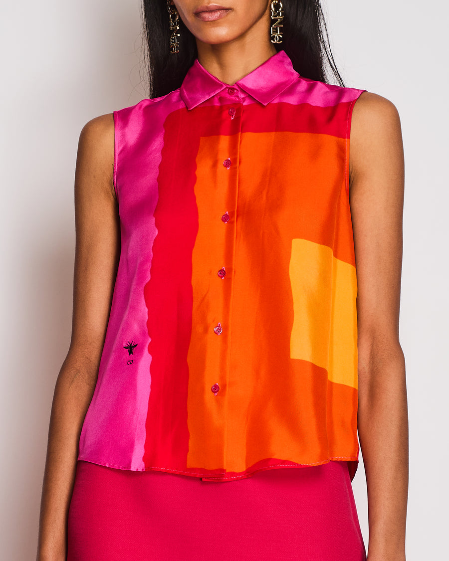 Christian Dior Pink and Orange Silk Sleeveless Button Down Shirt Top with Black Logo and Bee Embroidery Detail Size FR 36 (UK 8)