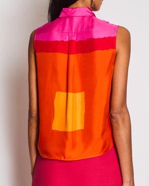 Christian Dior Pink and Orange Silk Sleeveless Button Down Shirt Top with Black Logo and Bee Embroidery Detail Size FR 36 (UK 8)
