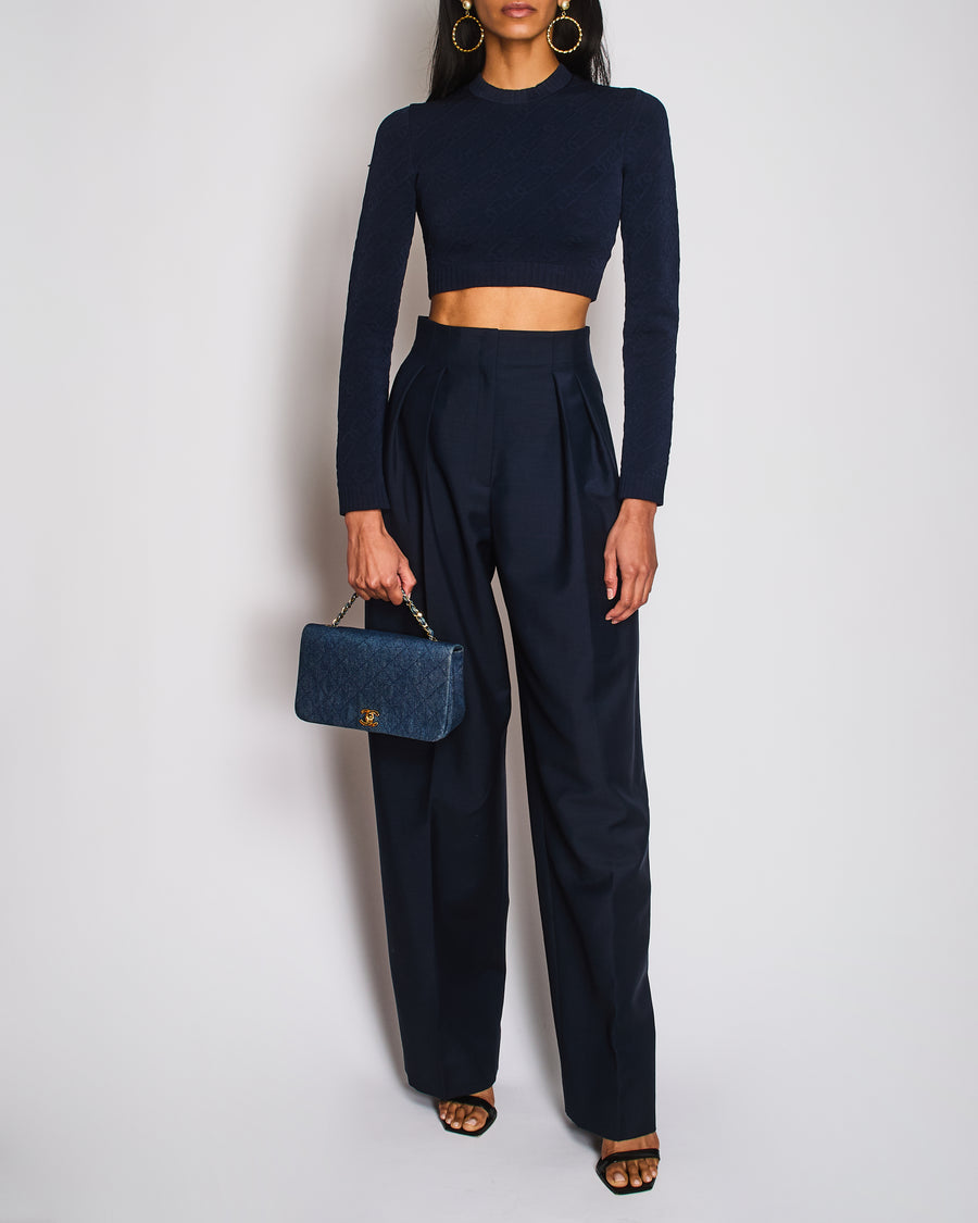 Fendi Navy Mohair and Wool Blend Wide-Leg Suit Trousers Size IT 38 (UK 6)