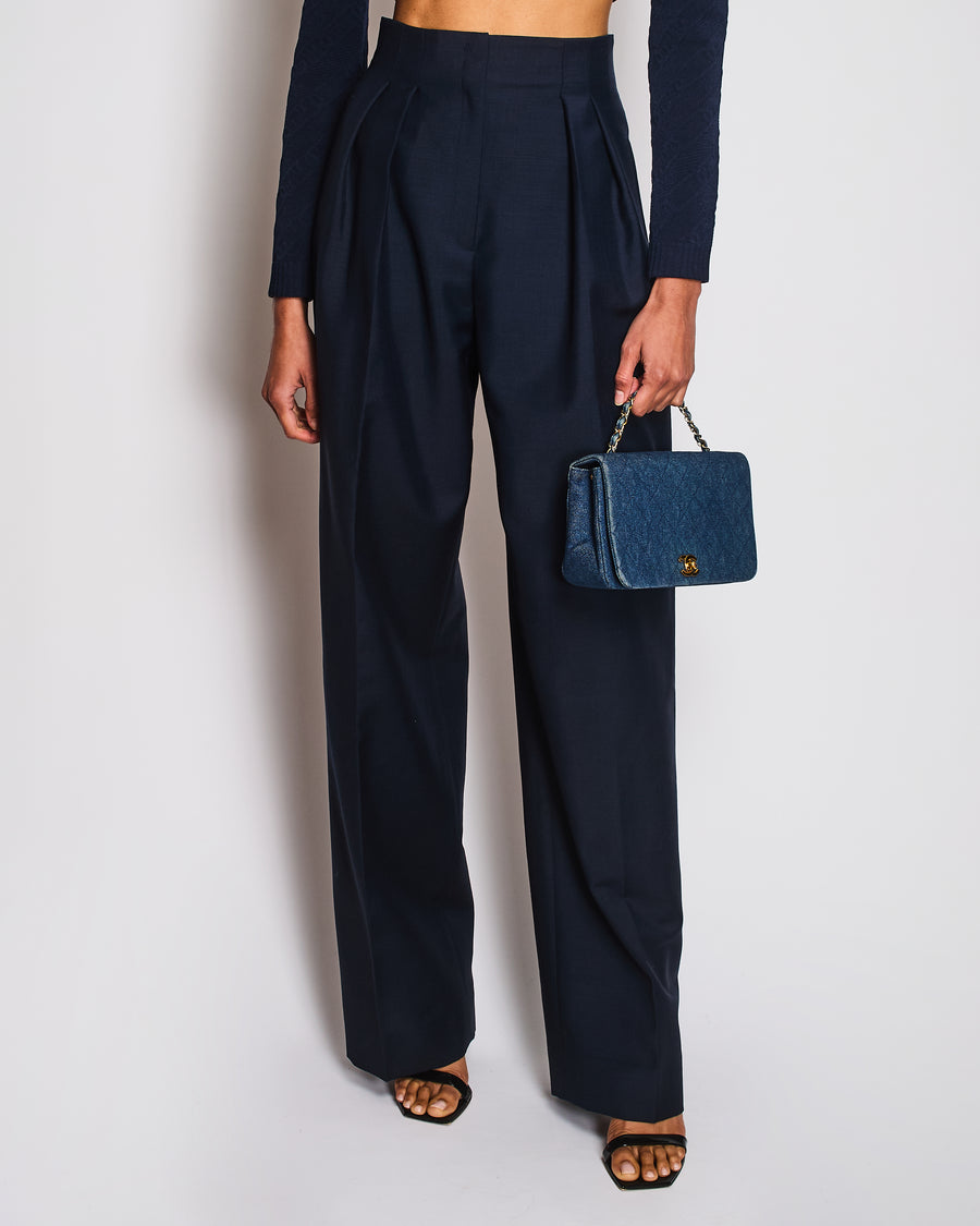 Fendi Navy Mohair and Wool Blend Wide-Leg Suit Trousers Size IT 38 (UK 6)