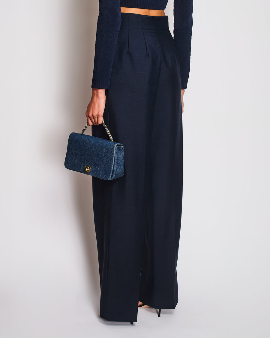 Fendi Navy Mohair and Wool Blend Wide-Leg Suit Trousers Size IT 38 (UK 6)