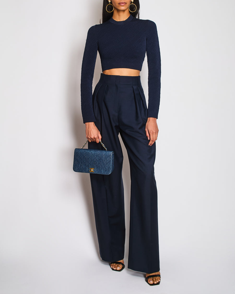 Fendi Navy Cropped Jumper with Chain Logo Pattern Size IT 38 (UK 6)