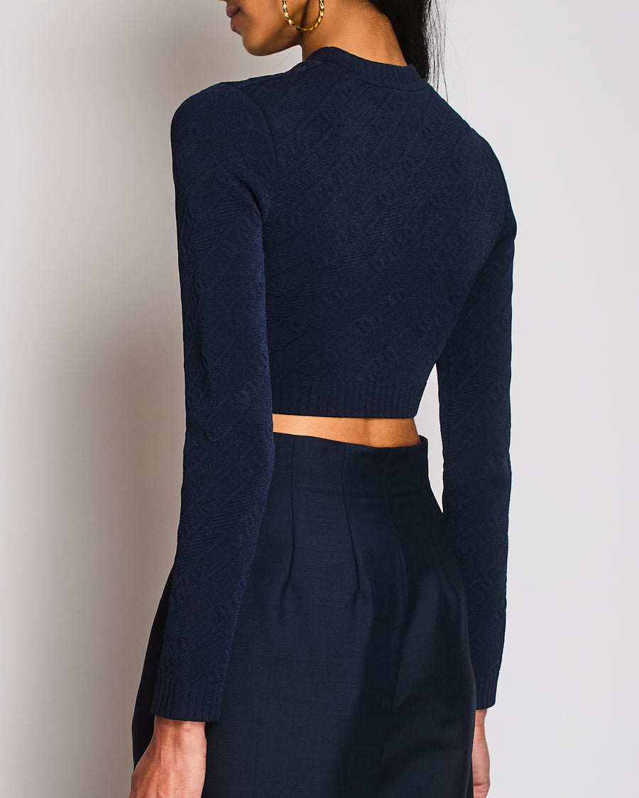Fendi Navy Cropped Jumper with Chain Logo Pattern Size IT 38 (UK 6)