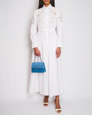Valentino White Beaded Maxi Shirt Dress with Logo Embroideries and Waist Tie Detail Size IT 38 (UK 6)