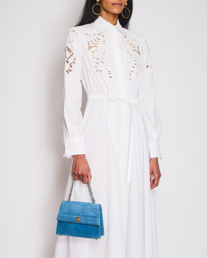 Valentino White Beaded Maxi Shirt Dress with Logo Embroideries and Waist Tie Detail Size IT 38 (UK 6)