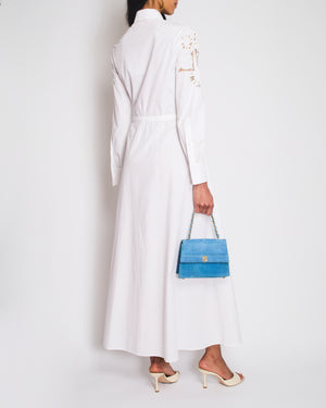 Valentino White Beaded Maxi Shirt Dress with Logo Embroideries and Waist Tie Detail Size IT 38 (UK 6)