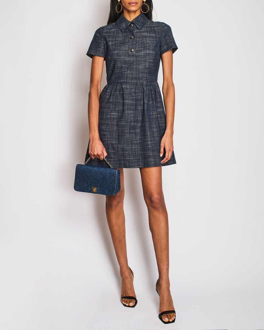 Christian Dior Navy Cotton and Linen Blend Short-Sleeved Mini Dress with Blue and Gold Logo Buttons Size FR 36 (UK 8)
