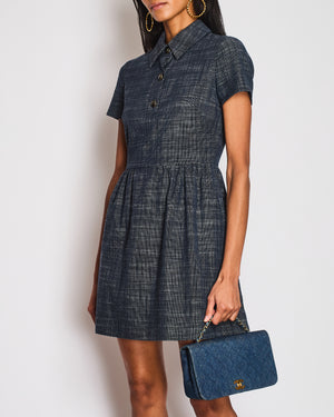 Christian Dior Navy Cotton and Linen Blend Short-Sleeved Mini Dress with Blue and Gold Logo Buttons Size FR 36 (UK 8)