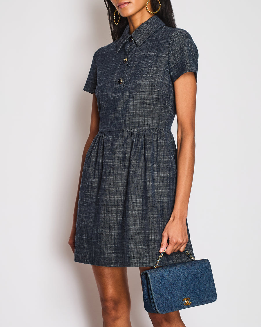 Christian Dior Navy Cotton and Linen Blend Short-Sleeved Mini Dress with Blue and Gold Logo Buttons Size FR 36 (UK 8)