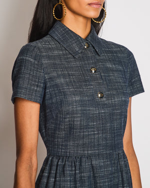 Christian Dior Navy Cotton and Linen Blend Short-Sleeved Mini Dress with Blue and Gold Logo Buttons Size FR 36 (UK 8)