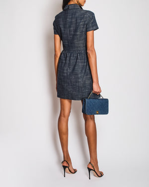Christian Dior Navy Cotton and Linen Blend Short-Sleeved Mini Dress with Blue and Gold Logo Buttons Size FR 36 (UK 8)