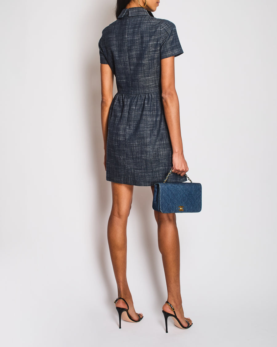 Christian Dior Navy Cotton and Linen Blend Short-Sleeved Mini Dress with Blue and Gold Logo Buttons Size FR 36 (UK 8)
