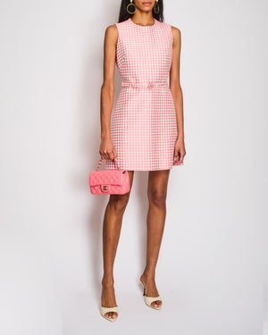 Christian Dior Pink and White Houndstooth Sleeveless Belted Mini Dress with Gold and Pink Logo Buckle Detail Size FR 38 (UK 10)