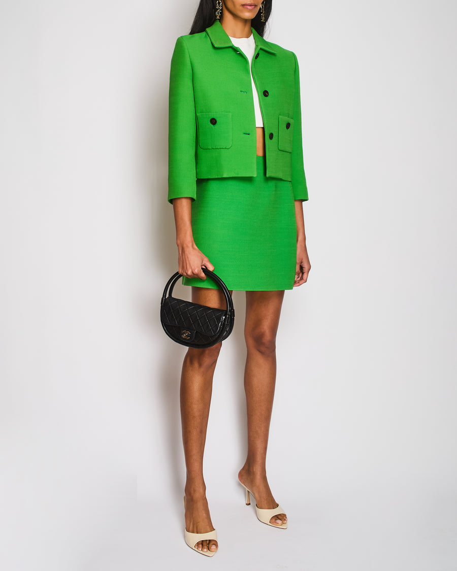 Christian Dior Green Wool Jacket and Mini Skirt Set with Brown Buttons and Front Pockets Size FR 38 (UK 10)