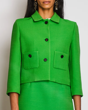 Christian Dior Green Wool Jacket and Mini Skirt Set with Brown Buttons and Front Pockets Size FR 38 (UK 10)
