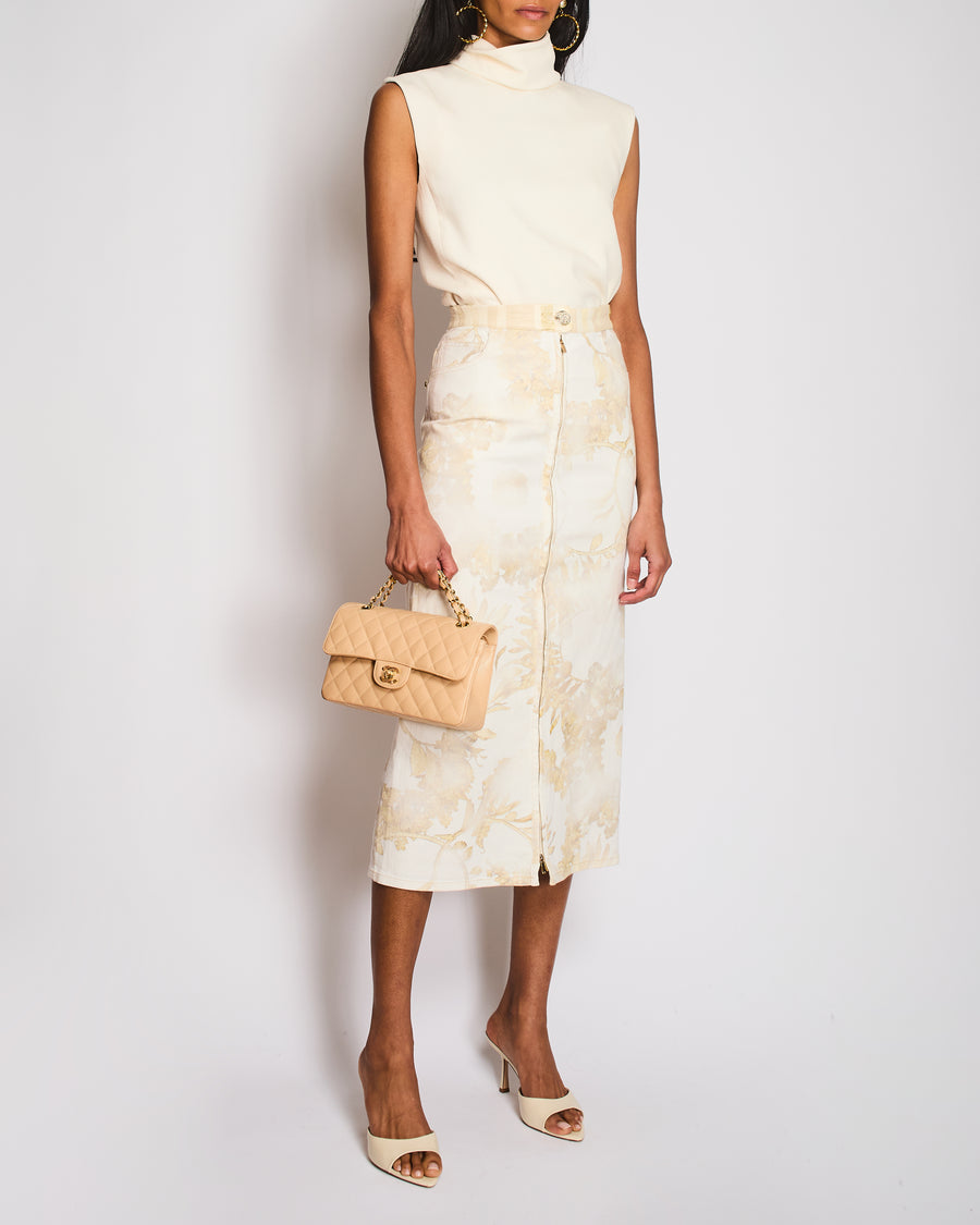 Chanel Cruise 2018 White Denim Floral Printed Maxi Skirt with Front Zipper and Gold Textured CC Logo Button with Leather Waistband Detail Size FR 36 (UK 8)
