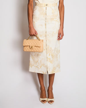 Chanel Cruise 2018 White Denim Floral Printed Maxi Skirt with Front Zipper and Gold Textured CC Logo Button with Leather Waistband Detail Size FR 36 (UK 8)