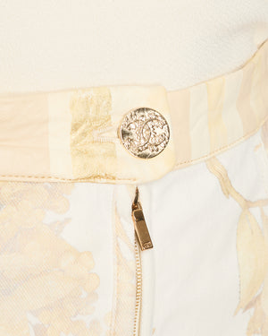 Chanel Cruise 2018 White Denim Floral Printed Maxi Skirt with Front Zipper and Gold Textured CC Logo Button with Leather Waistband Detail Size FR 36 (UK 8)