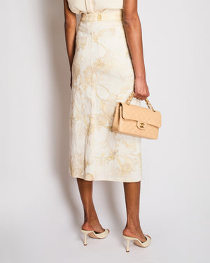 Chanel Cruise 2018 White Denim Floral Printed Maxi Skirt with Front Zipper and Gold Textured CC Logo Button with Leather Waistband Detail Size FR 36 (UK 8)