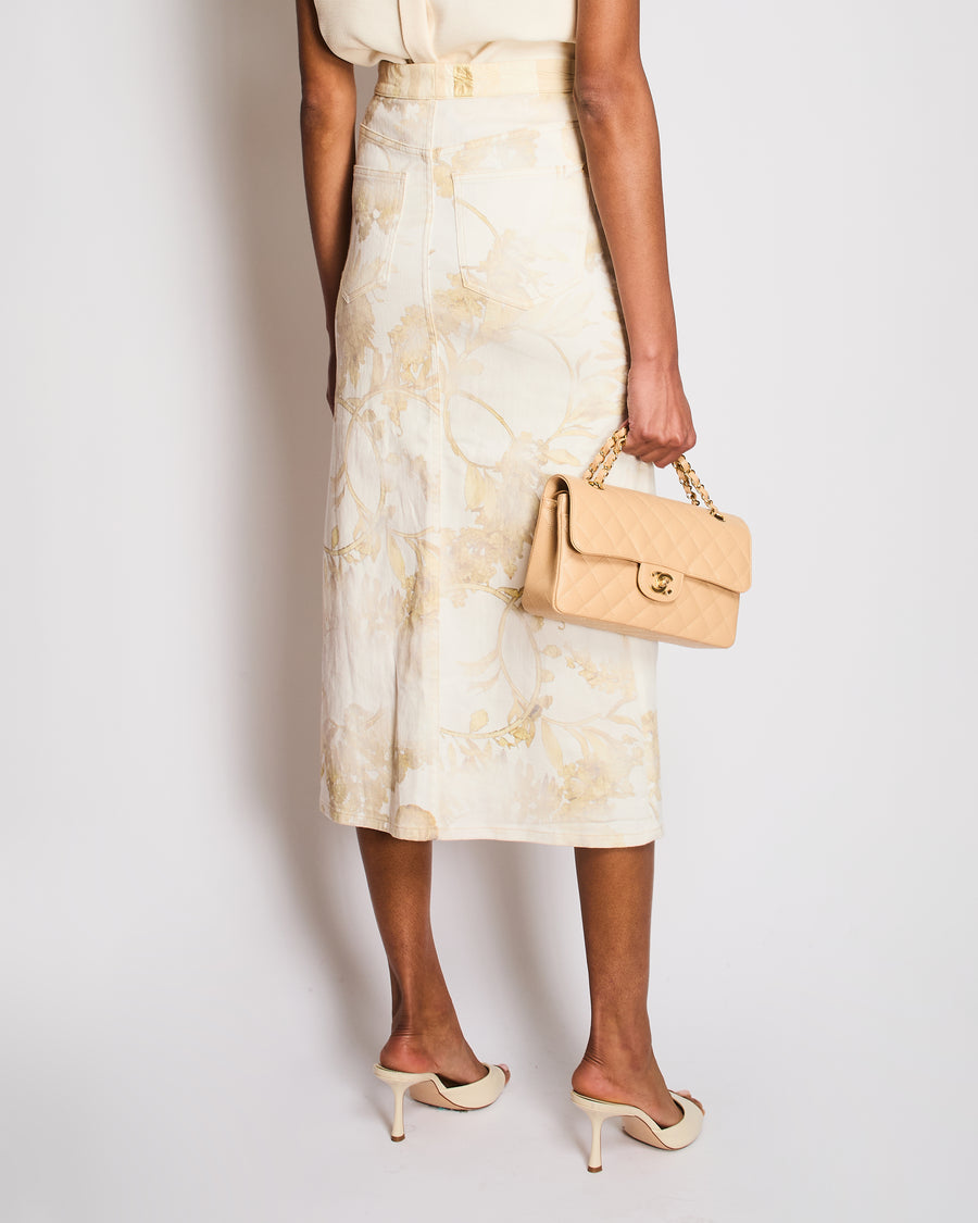 Chanel Cruise 2018 White Denim Floral Printed Maxi Skirt with Front Zipper and Gold Textured CC Logo Button with Leather Waistband Detail Size FR 36 (UK 8)