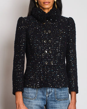 Chanel 2021 Le Chateau des Dames Navy Tweed Jacket with Multi-Colour Sequin Embellishments and Gold and Black CC Logo Buttons Size FR 34 (UK 6)