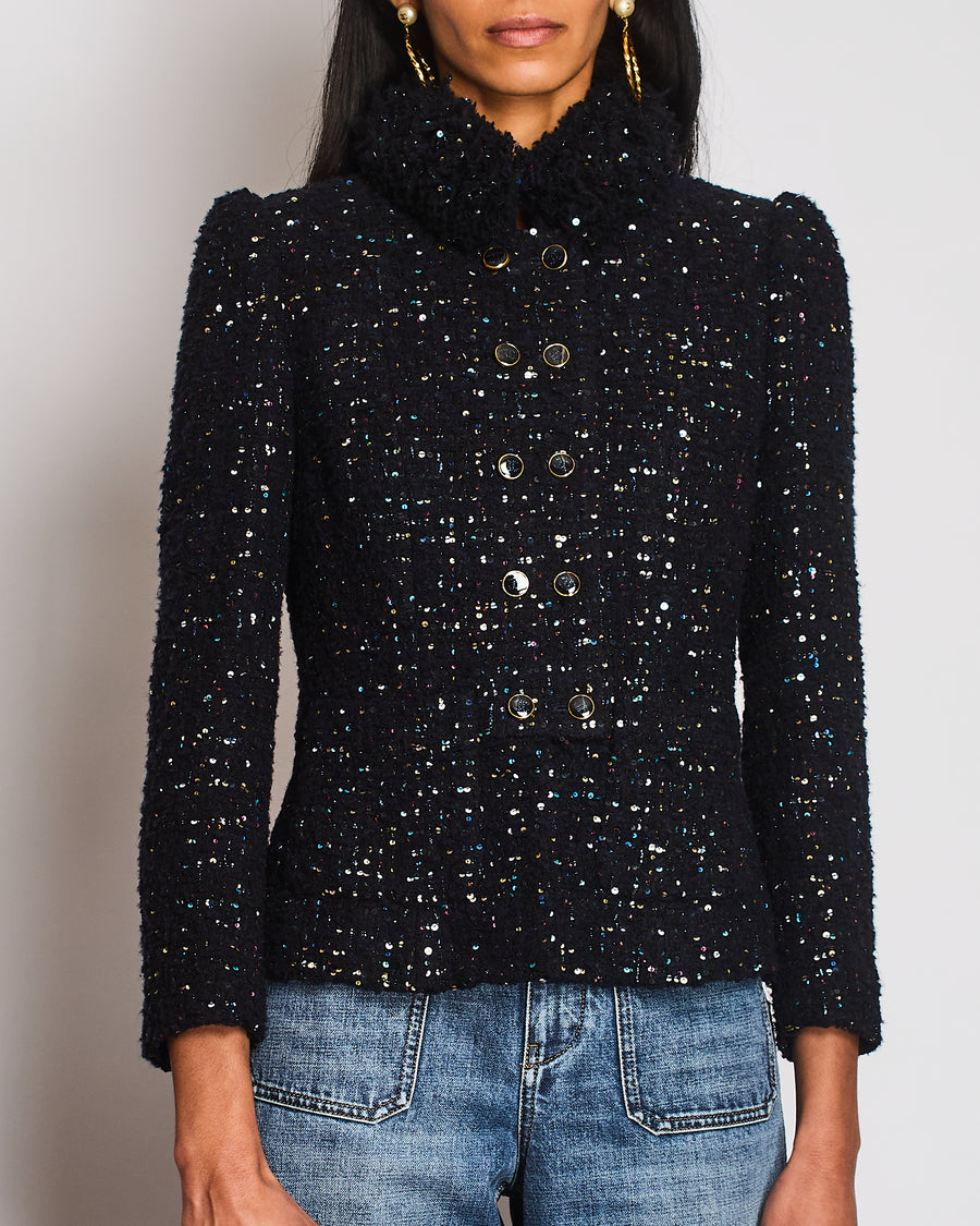 Chanel 2021 Le Chateau des Dames Navy Tweed Jacket with Multi-Colour Sequin Embellishments and Gold and Black CC Logo Buttons Size FR 34 (UK 6)