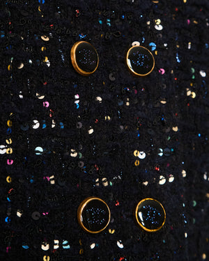 Chanel 2021 Le Chateau des Dames Navy Tweed Jacket with Multi-Colour Sequin Embellishments and Gold and Black CC Logo Buttons Size FR 34 (UK 6)