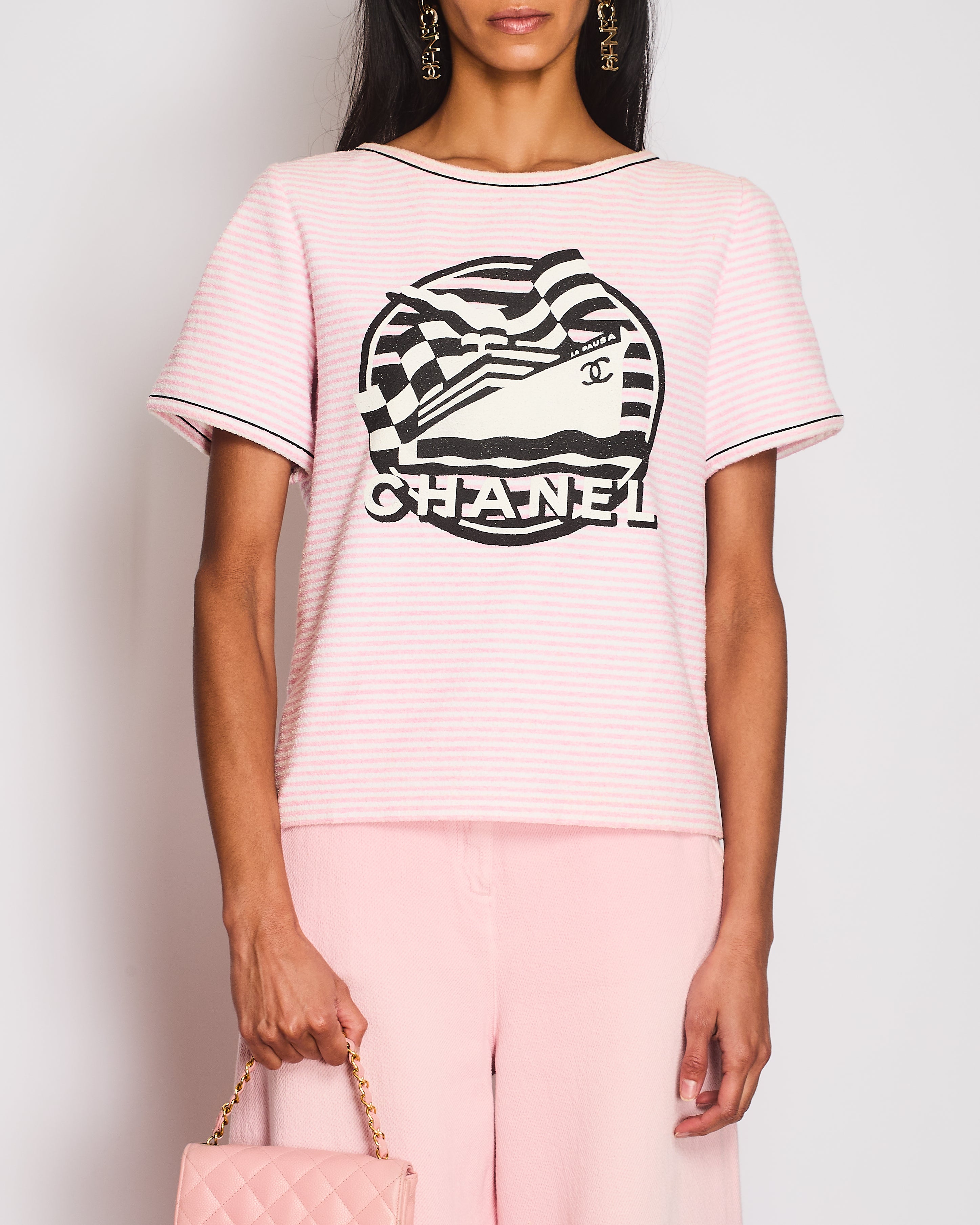 極美品✨CHANEL シャネル Tシャツ 2019 クルーズ PAUSA ココ Chanel Cruise 2019 Pink and White Striped Terrycloth La Pausa T
