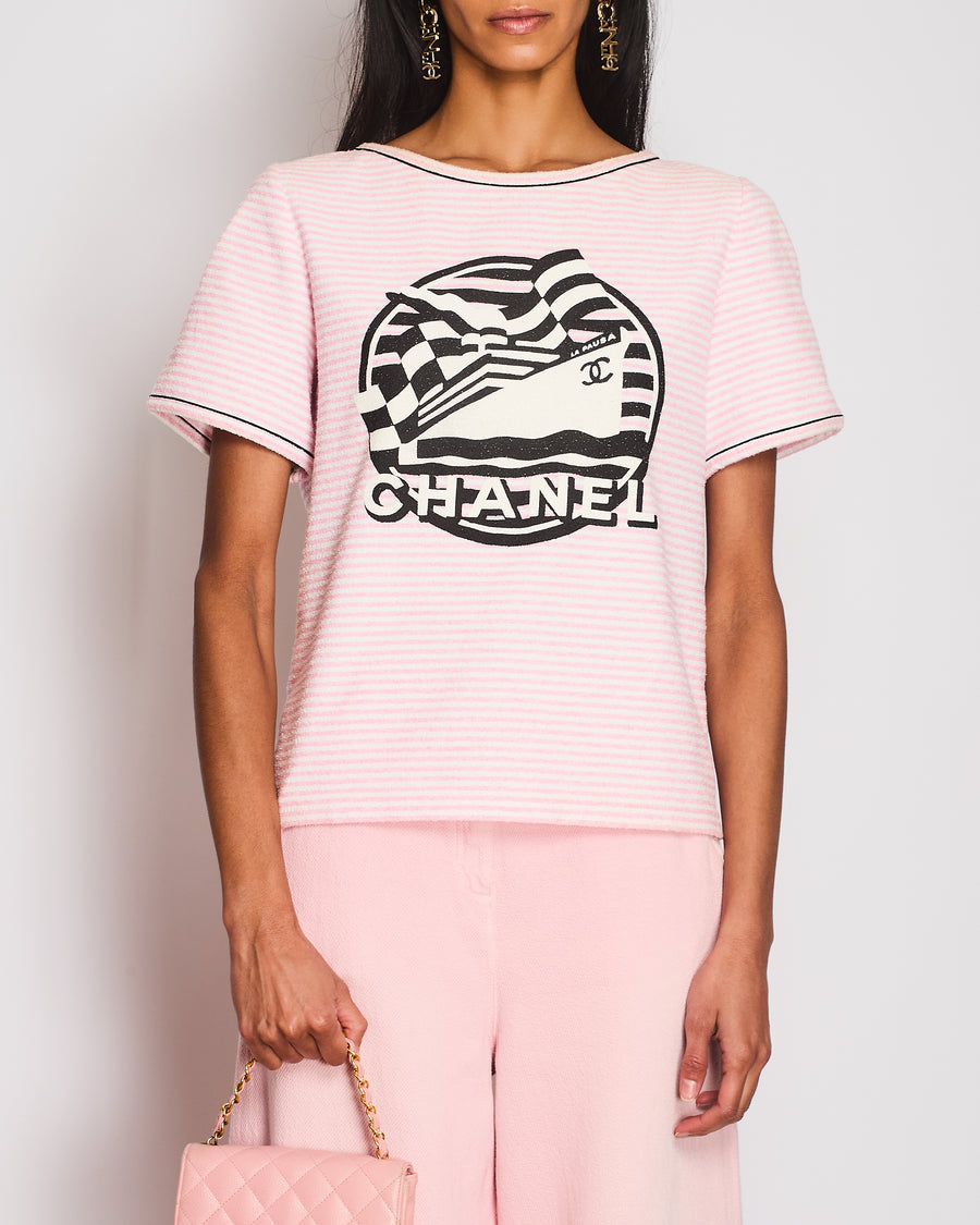 Chanel Cruise 2019 Pink and White Striped Terrycloth La Pausa T-Shirt with Black and White Logo Print Size FR 40 (UK 12)
