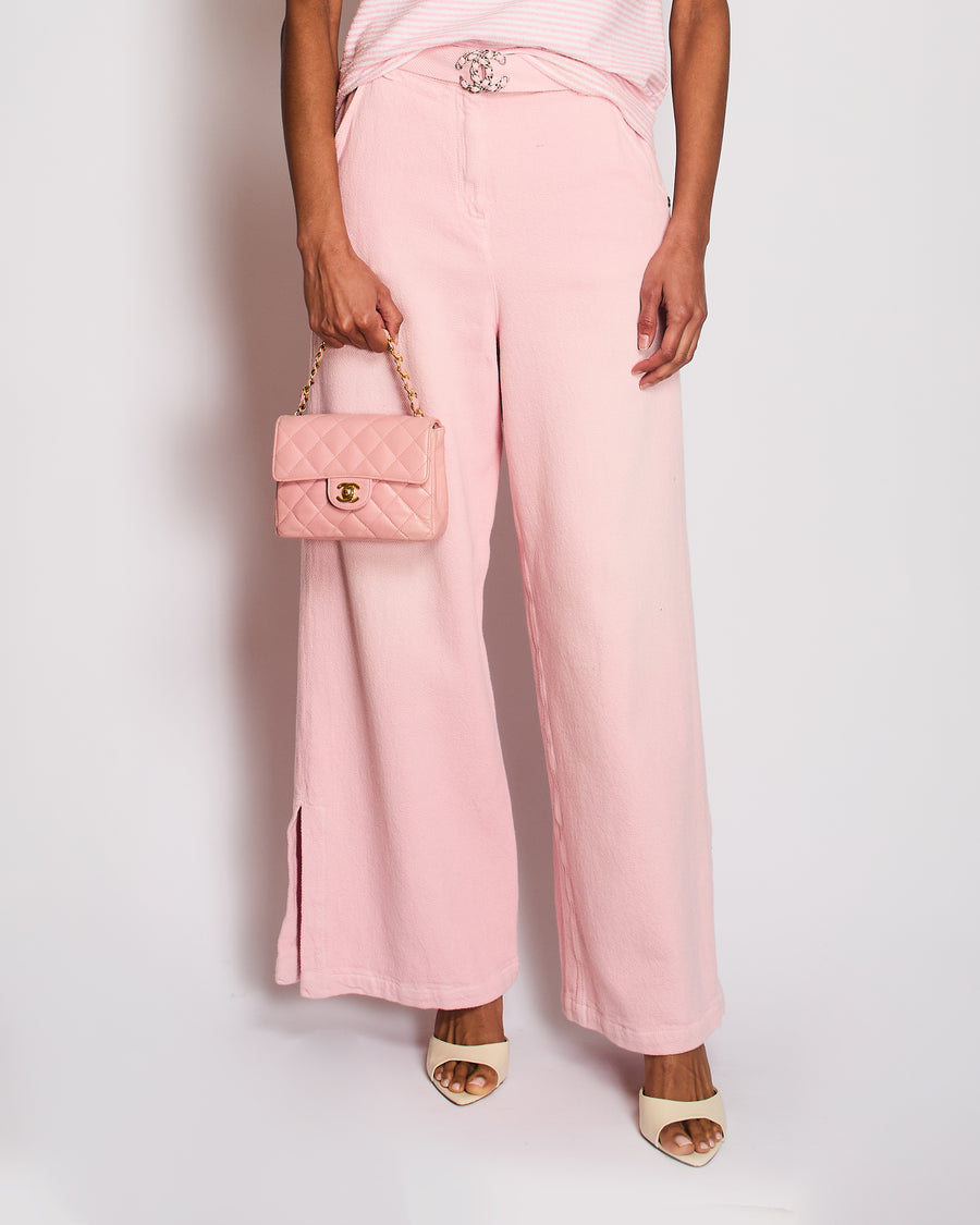 Chanel 19/P Pink Cotton Wide-Leg Trousers with Silver CC Logo Buckle and Back Calfskin Leather Logo Patch Size FR 36 (UK 8)