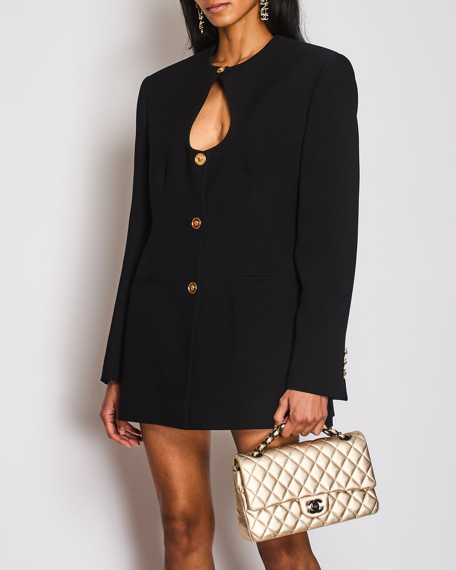 Versace Black Single Breasted Collarless Blazer with Logo Button Detail Size IT 48 (UK 16)