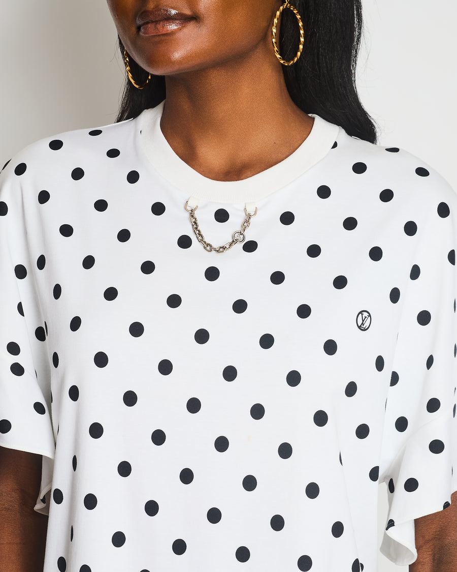 Louis Vuitton White Polka Dot Short Sleeve T-Shirt with Logo Print and Chain Detail Size XXL (UK 16)